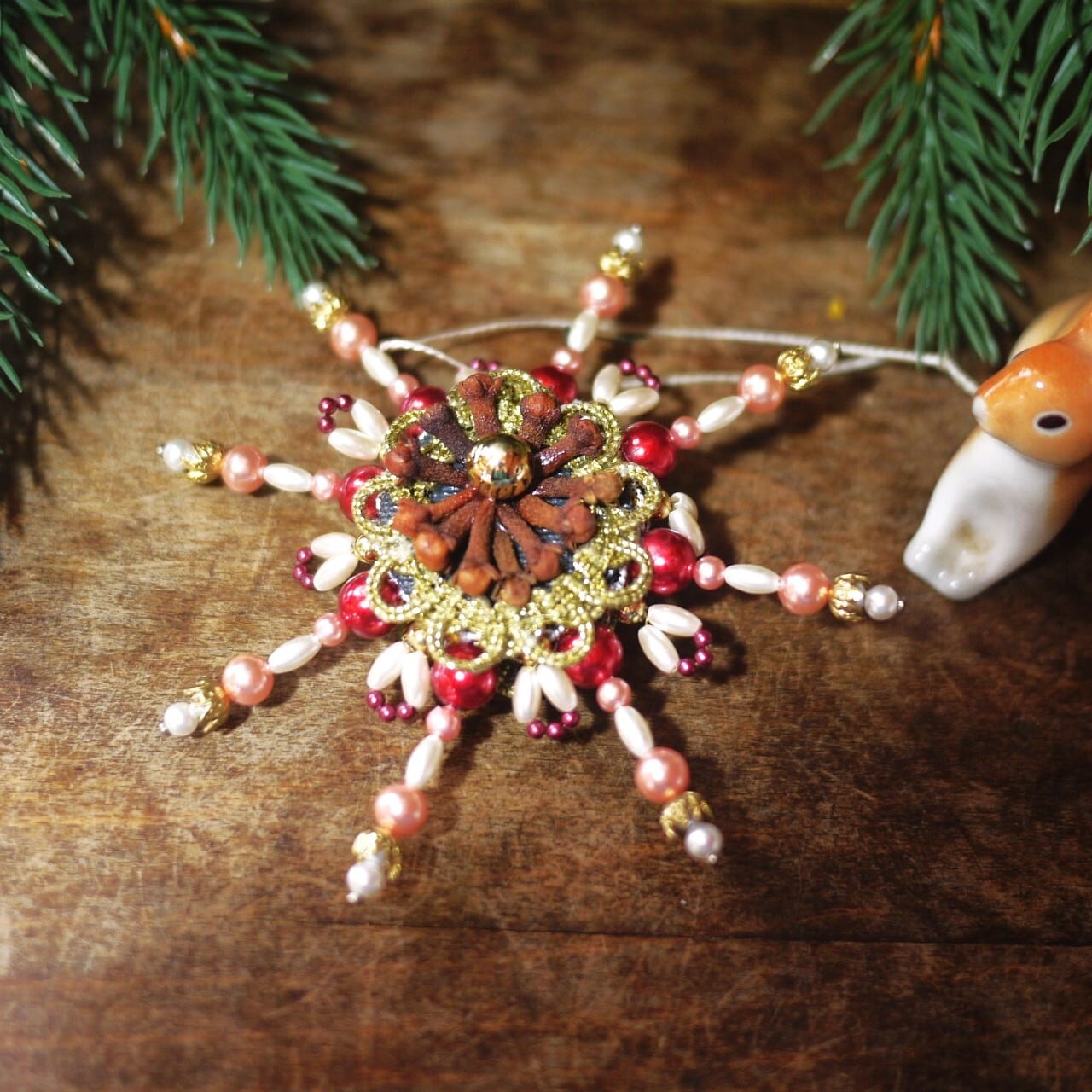 クリスマスツリーオーナメント 雪の結晶 パールビーズ