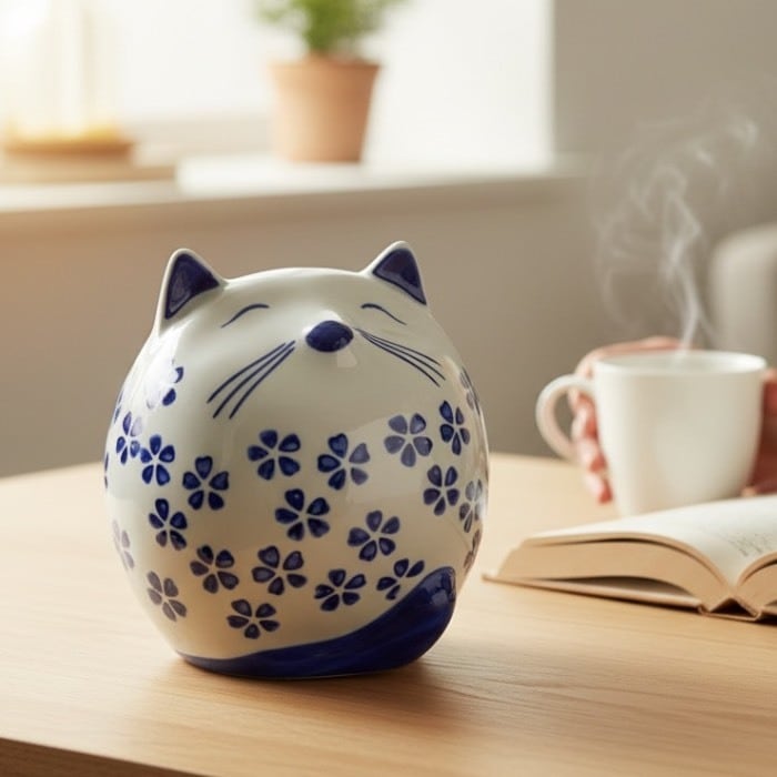 桜猫 貯金箱 青 コインバンク 小銭入れ ほのぼの 商売繁盛 幸運