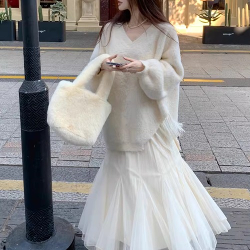 【2点セット】アシメフリンジニット＋マキシチュールスカート ・73840