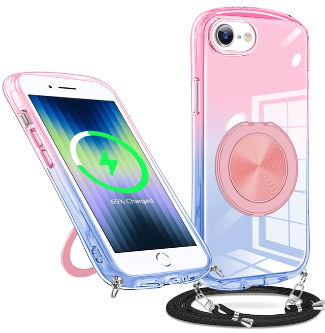 対応 iPhone 7/8/SE2/SE3 ケース MagSafe対応 リング付き クリア 360°スタンド