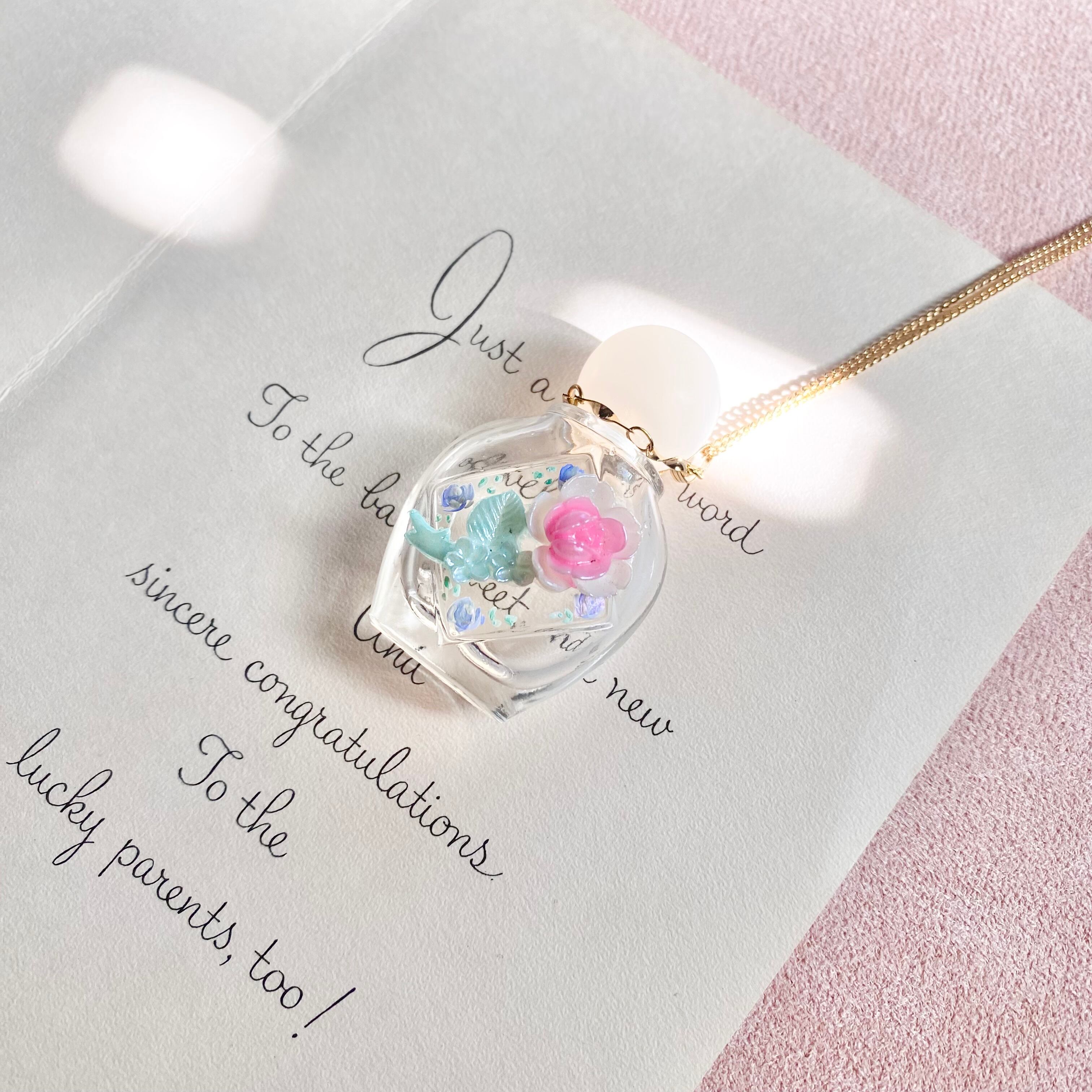 （ブルーとピンクローズ）Hand painted perfume neckless ペイント香水瓶ネックレス