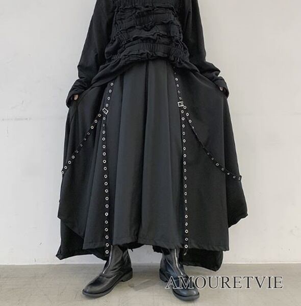 袴パンツ カジュアルパンツ ワイドレッグパンツ レディース ユニセックス 黒 ブラック ピープス ロック 原宿 系 ストリート オルチャン 韓国 ファッション 11 Amouretvie 韓国系 モード系 個性的ファッションの通販サイト