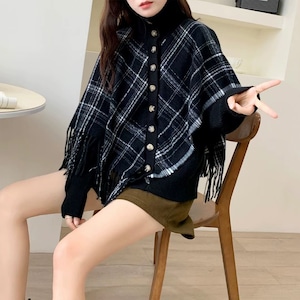 【送料無料】 ポンチョ風 ニット カーディガン 長袖 レディース 秋冬 韓国 重ね着 チェック柄 おしゃれ 大人 かわいい きれいめ カジュアル 防寒 保温 タッセルショール風 大人可愛い 大人女子
