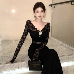 Lady's coco ロングドレス キャバドレス セクシー レースタイトドレス Vネック 上品 シルエット 二次会 披露宴 パーティー 女子会 LW2-OYF8726