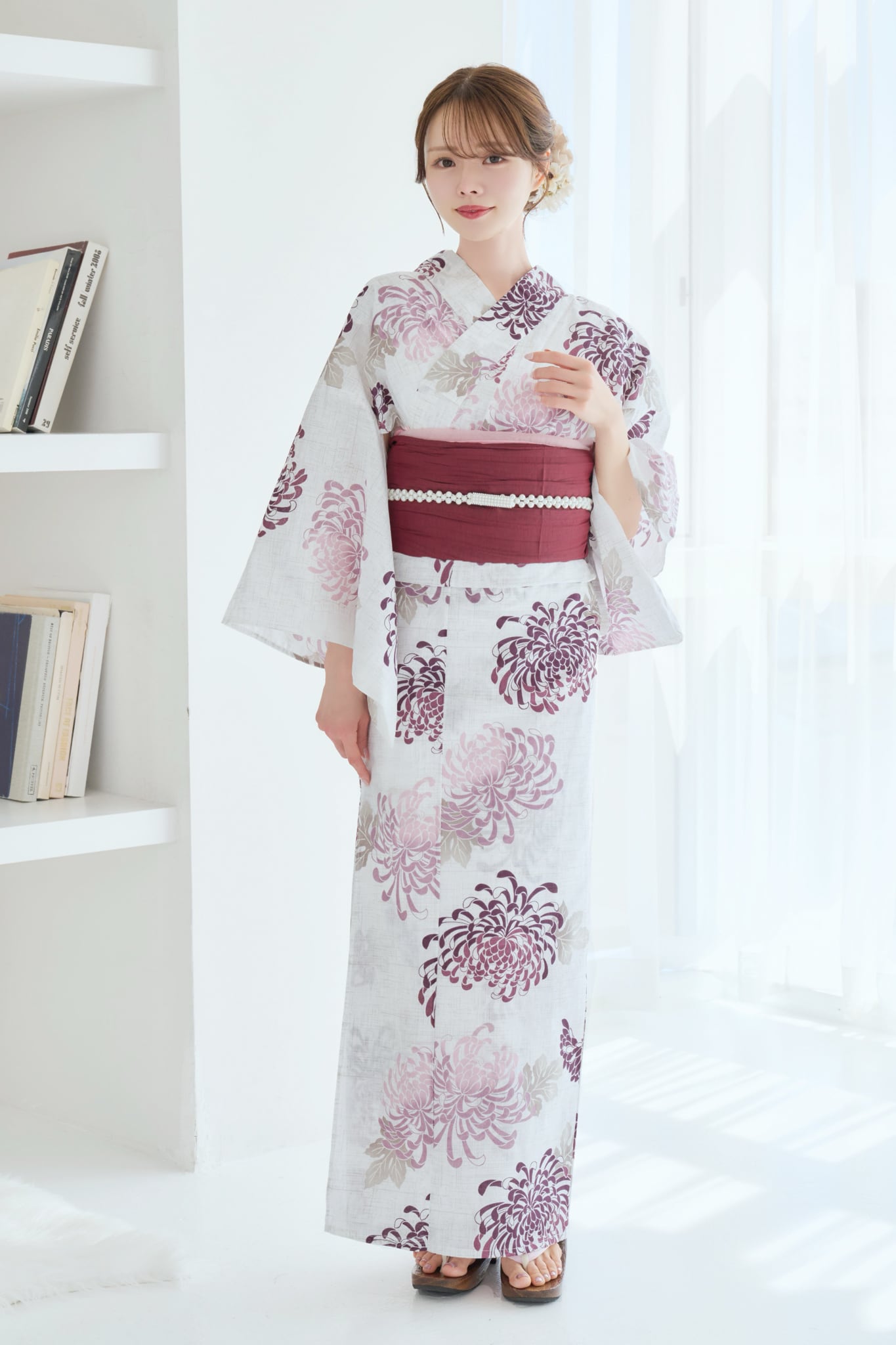 二部式浴衣】セパレート浴衣3点set えんじ色の菊散らし【兵児帯えんじ
