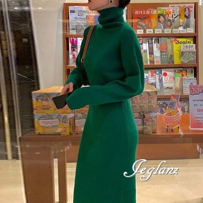 3色 ニット ワンピース タートルネック ドロップショルダー(MA871)γ