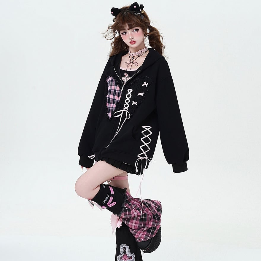 サブカル 服 地雷系 通販 パーカー 羽織り 長袖 レースアップ リボン