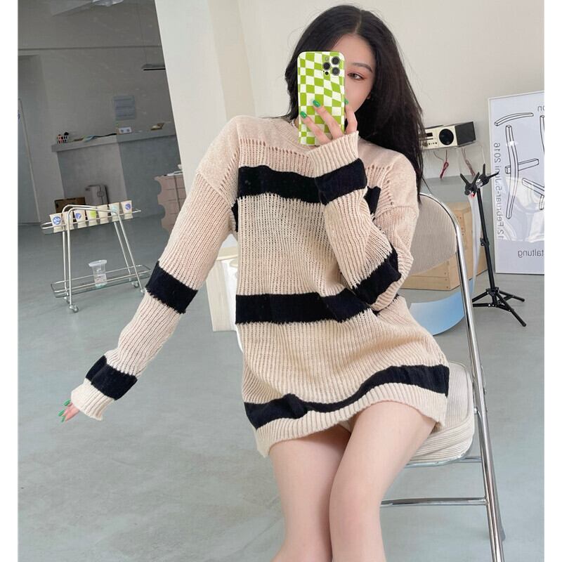 ストライプニットカラーセーター オータムルーズ薄手シャツ トップス ロング 秋物 ガールズファッション81272882362