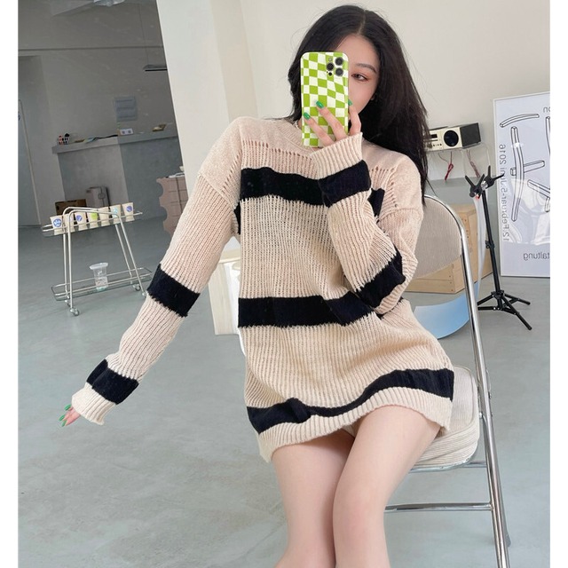 ストライプニットカラーセーター オータムルーズ薄手シャツ トップス ロング 秋物 ガールズファッション81272882362