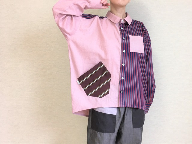 ゆるシャツ001 / ピンク×えんじストライプ