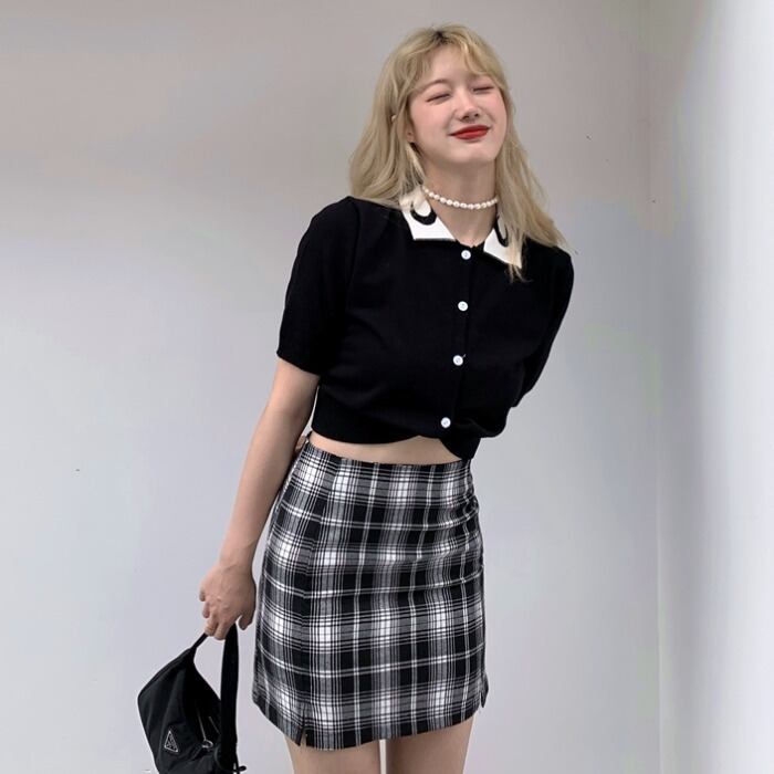 サマースタイルスタンダードショートニットTシャツ 格子柄スカート レディース レトロ 夏物 ドラファッションホール18531760914
