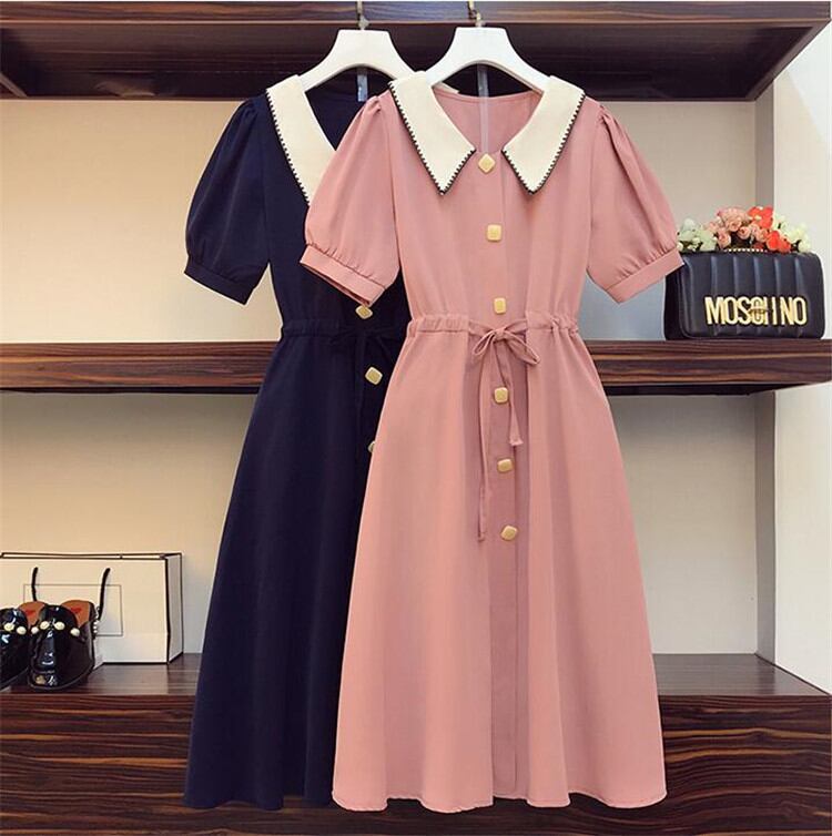 韓国ファッション 夏 新 おしゃれな 人形の襟 Aライン 大きいサイズ