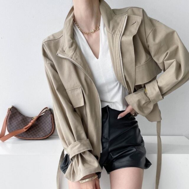 【予約販売】ブルゾン レディース アウター ショート丈 ステンカラー ブラック ホワイト ベージュ こなれ感 通勤 大人可愛い シンプル 防寒 韓国 フリー