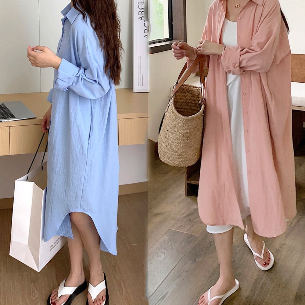 ☆韓国トレンド シャツワンピース 2カラー 春秋 シャツワンピース レディース 春秋 韓国 ロング シャツ きれいめ