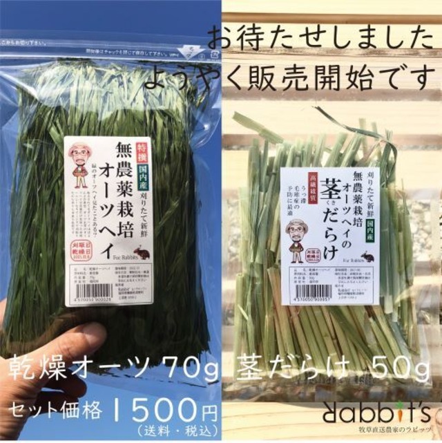 【しばらくお休み】特撰無農薬オーツヘイ70gと茎だらけ50gのセット