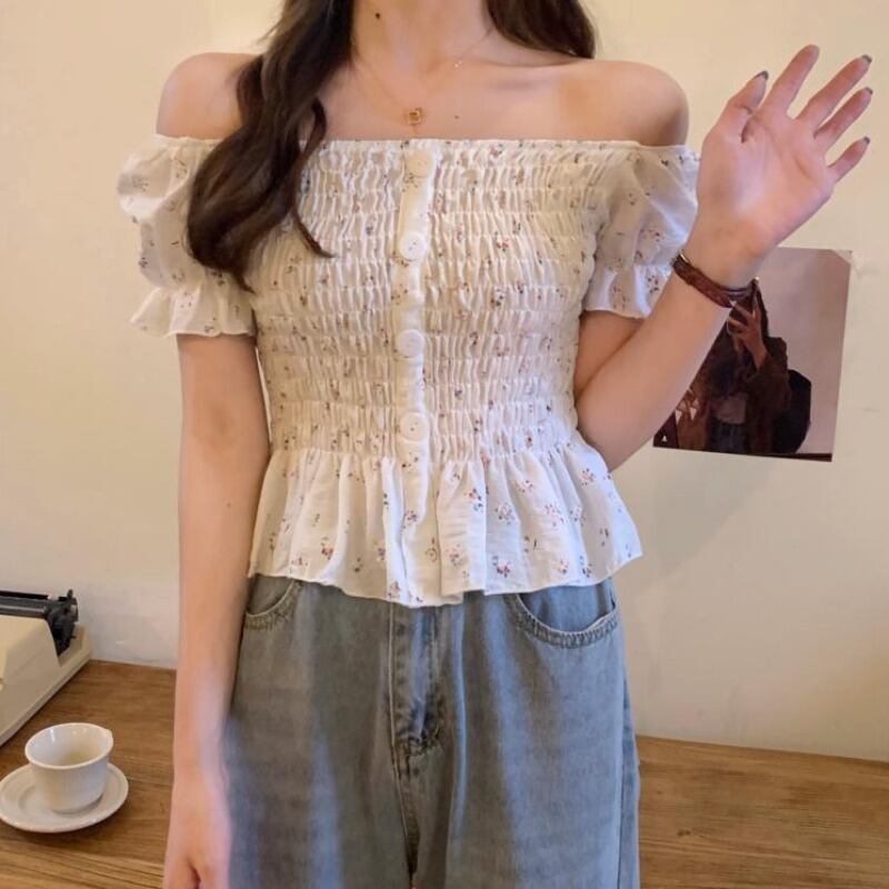 フローラルシャツ サマースタイルスリーブウェストクロップドトップス 夏物 花柄 ハンチェンe86844746543