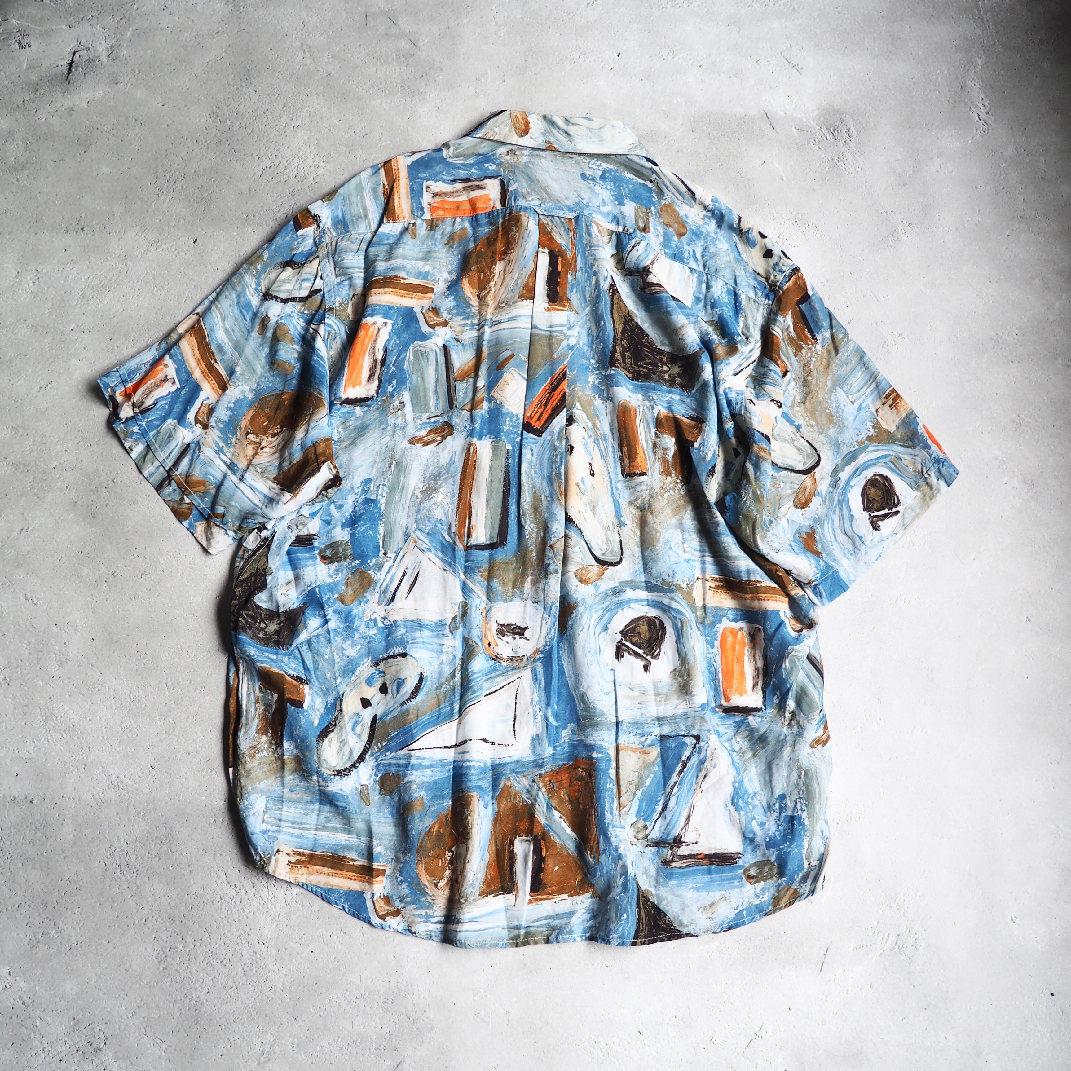 1970 - 80s Beautiful oil painted art vintage Drape loose SS rayon shirt