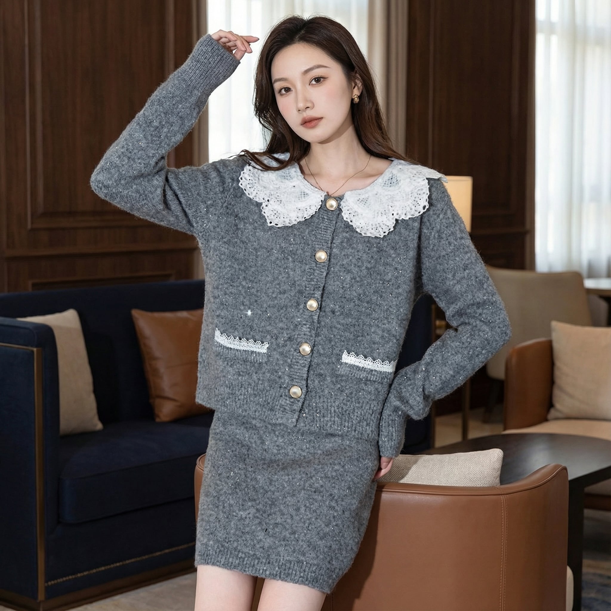 Lace collar sweater and skirt【2set】00212