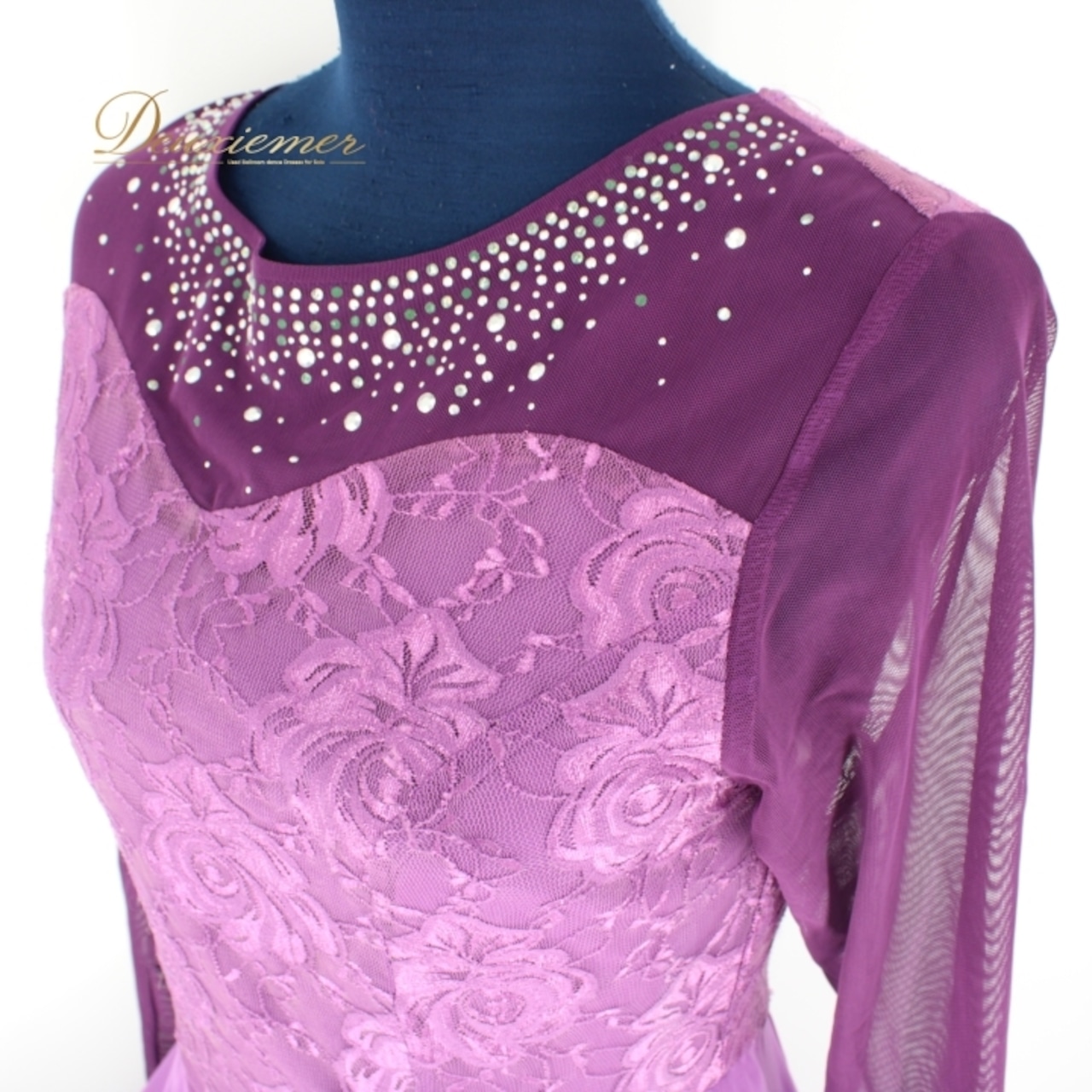 社交ダンス 衣装 スタンダード ドレス ワンピース レッスンウェア パーティ衣装 女性用 レディース オールシーズン prima boutique プリマブティック 紫 パープル系 ラインストーン レース 長袖 高品質 エレガント スカート フレア デザイン