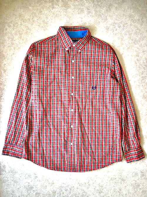 00s CHAPS マルチカラー チェック柄 長袖ボタンダウンシャツ M レッド×イエロー チャップス EASY CARE 刺繍ロゴ