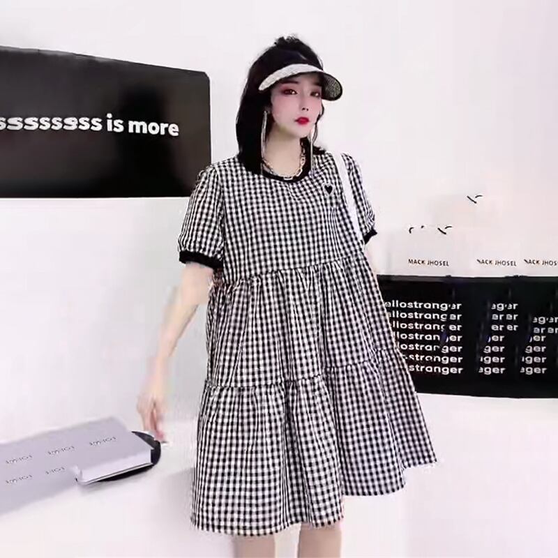 カジュアルサマーラウンドネック格子柄Aラインドレス 大きめサイズ 夏物 Oネック ステッチ ミックスインファッション95704721647