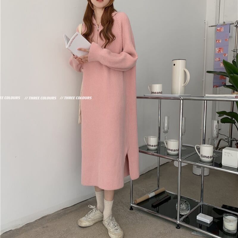 ニットセーター ドレス ルーズ長袖スリーブスカート スプリング ロング ピンク 春物 ブラックストロベリース38243096804