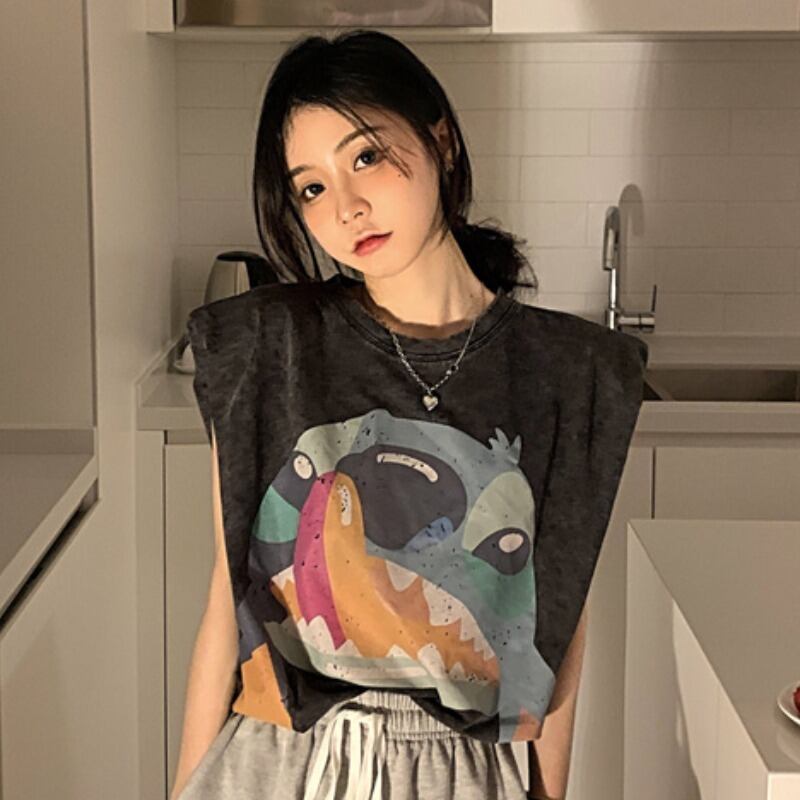 スタンダードブラックノースリーブTシャツ サマールーズ レトロ 夏物 YY-ファッション14862229544