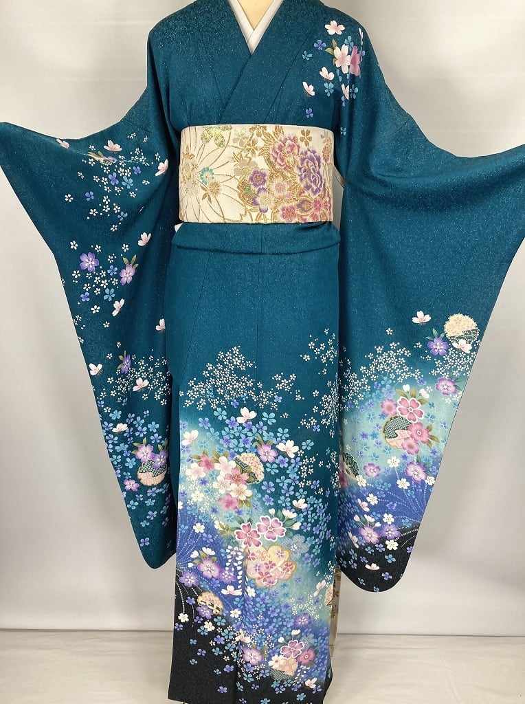 京友禅 銀通し 金駒刺繍 2点セット 振袖 袋帯 花柄 トールサイズ 正絹 