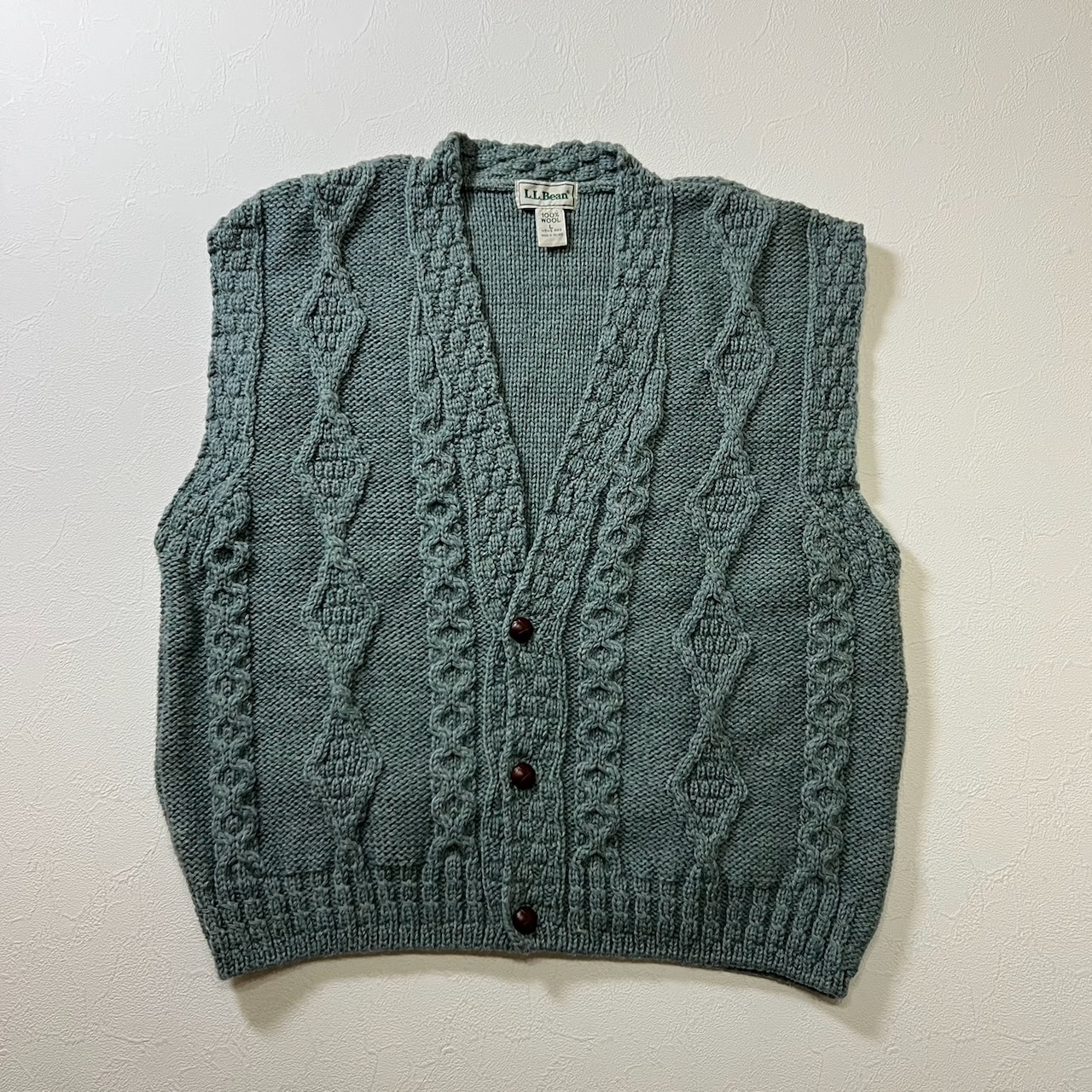 80s IRELAND L.L.Bean ウール ニットベスト エルエルビーン ブルーグリーン L 古着