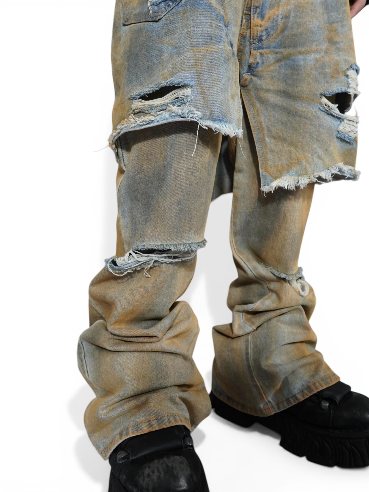 【PLANET STUDIO】layered damage flare denim pants