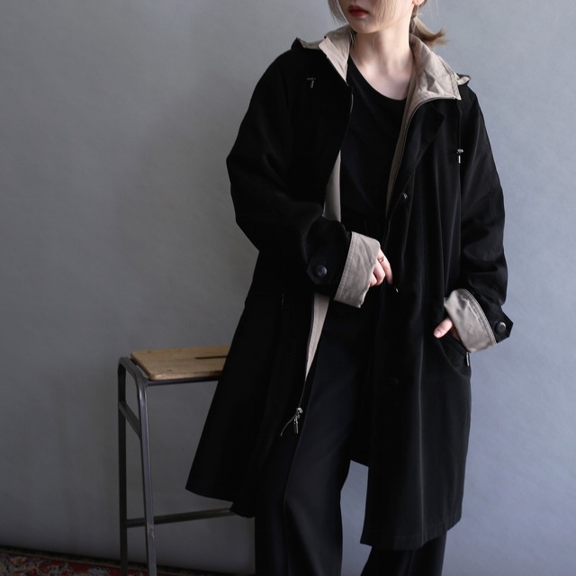 zip-up and button high-neck coat with hoodie and liner