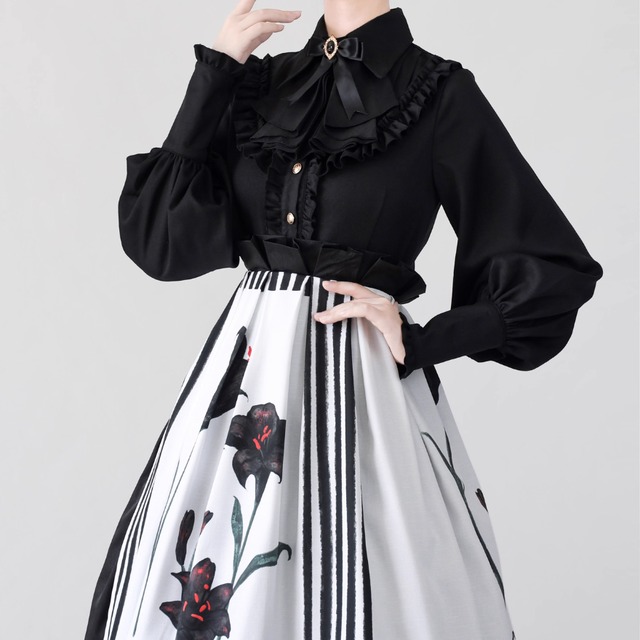 ソフトロリータ ブラウス 長袖 大人増し 上品 フリル リボン ガーリー 