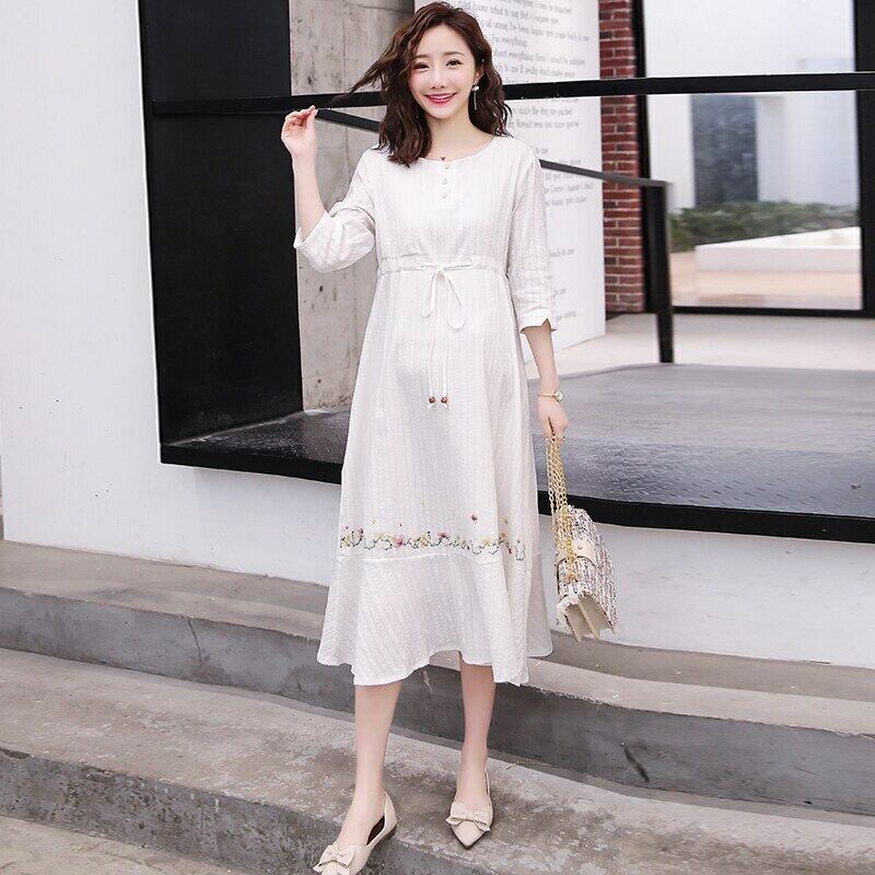 【新作】【送料無料】 568＃白い刺繡コットンマタニティロングドレス春夏服妊婦はウエスト妊娠を結ぶ ホワイト 刺繍 スプリング 春物 サマー 夏物 AL expec314266443127