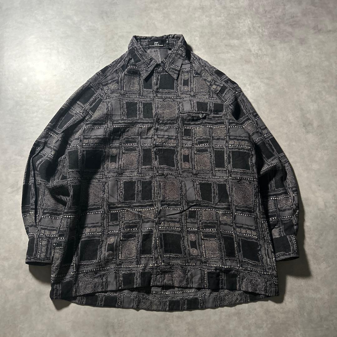 ヴィンテージ ポリエステル 総柄 ブラック モノトーン モード デザイン シャツ