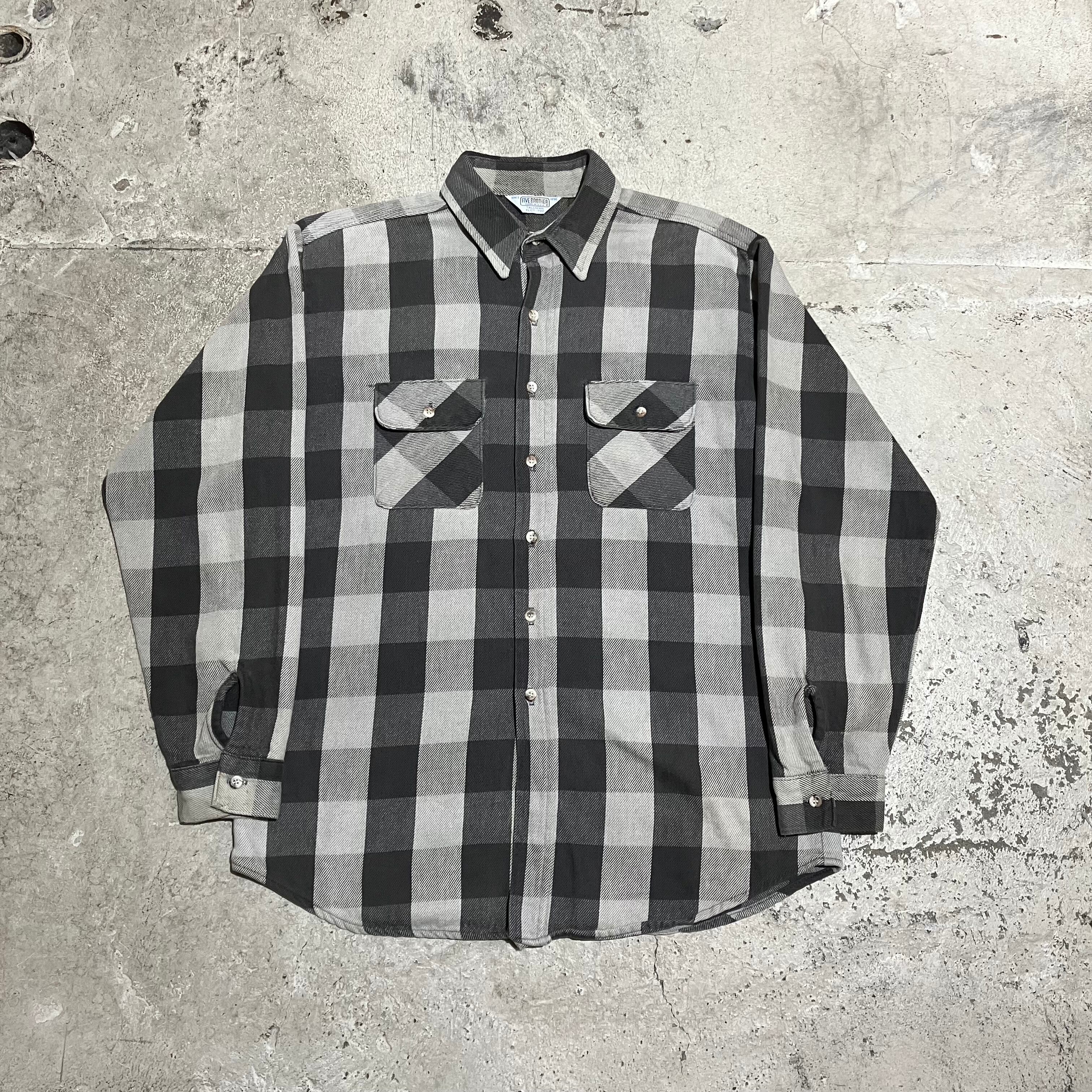 70s〜 FIVE BROTHER / USA製 バッファローチェック ヘビーネルシャツ サイズXL ブラック×グレー ブロックチェック