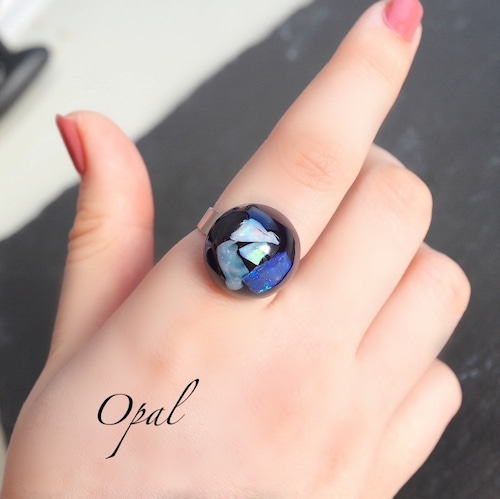 Opal オパール ネイビーブルー レジン リング サージカルステンレス シルバーバンド フリーサイズ 天然石 レジン