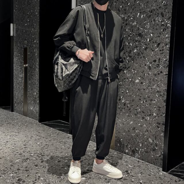 【予約販売】メンズ セットアップ 上下 長袖 無地 グレー ブラック ジップアップ スエット ジャケット ストリート カジュアル 春夏 韓国 トレンド こなれ感 M/L/XL/2XL