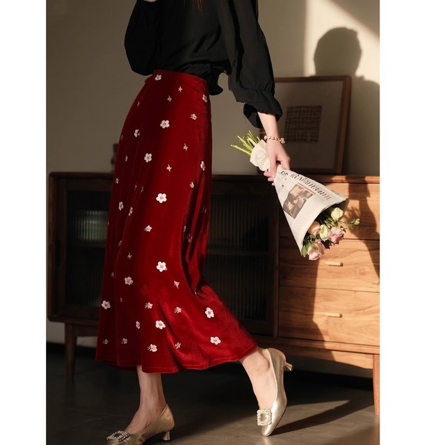 red floral print velvet midi skirt<sk3176>