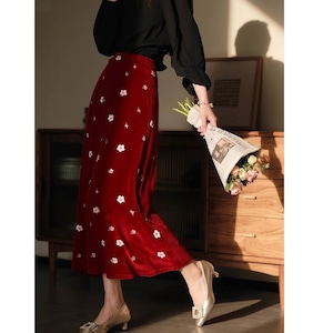 red floral print velvet midi skirt<sk3176>