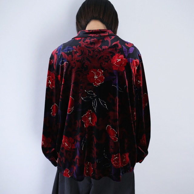 elegant flower art pattern mao-collar velours shirt