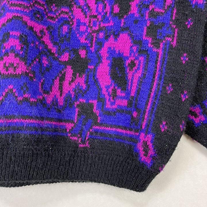 総柄デザインニット L ブラック 黒 赤 ブルー Uネック 古着 セーター
