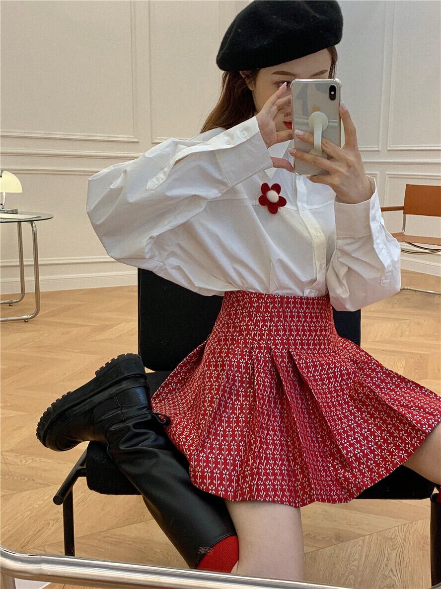 Flowerデザイン ブローチ カジュアルシャツ サマーレッドフローラルスカート 夏物 花柄 フラワーデザイン ドラファッションホール51501804519