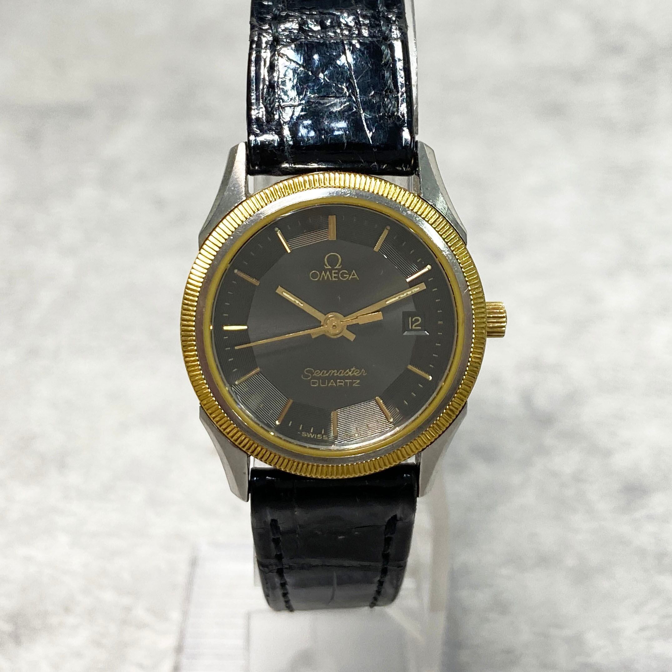 OMEGA オメガ シーマスター デイト SS 革ベルト ブラック文字盤 腕時計 レディース 4686-202111