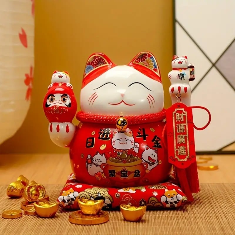 インテリア小物 【金色の招き猫・貯金箱タイプ】 家内安全／招財／赤