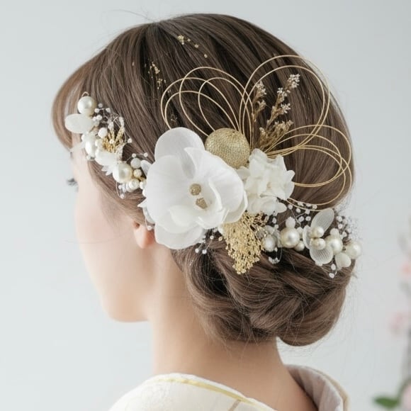 A597 パールカチューシャ 胡蝶蘭 白ゴールド 髪飾り 浴衣 成人式 卒業式 前撮り 結婚式 水引