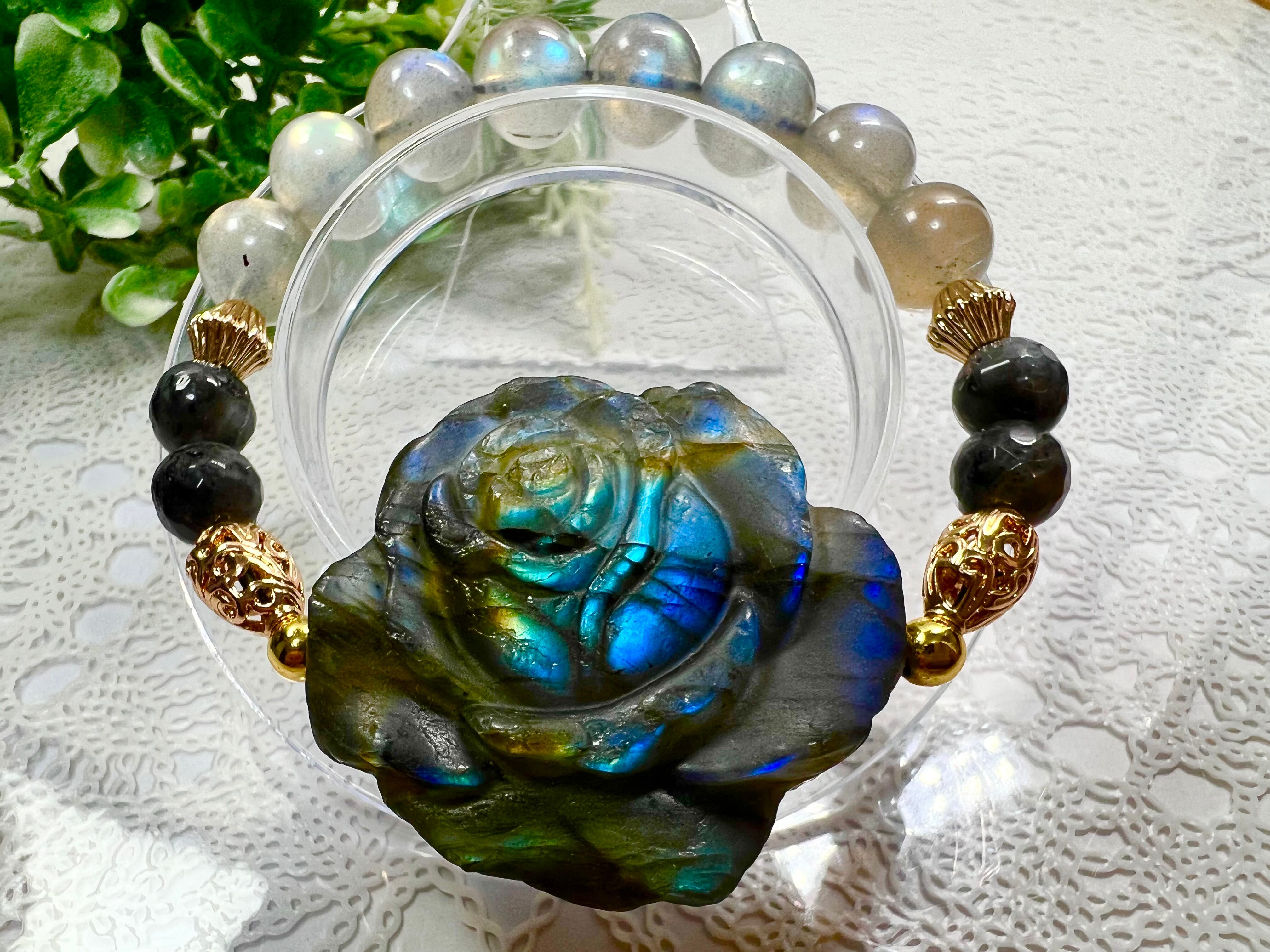 【ラブラドライト 薔薇ブレスレット☾·̩͙⋆】送料無料✿*:天然石 パワーストーン