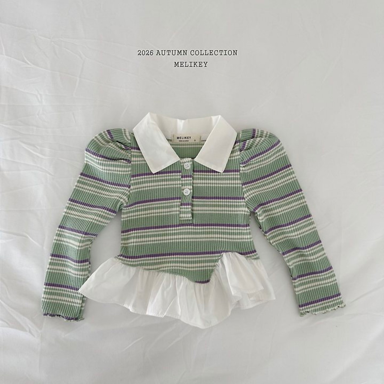 韓国子供服 / 26Autumn / 〖取寄〗Melikey / 斜めフリルカラーTシャツ / 女子服 *XS~JM*