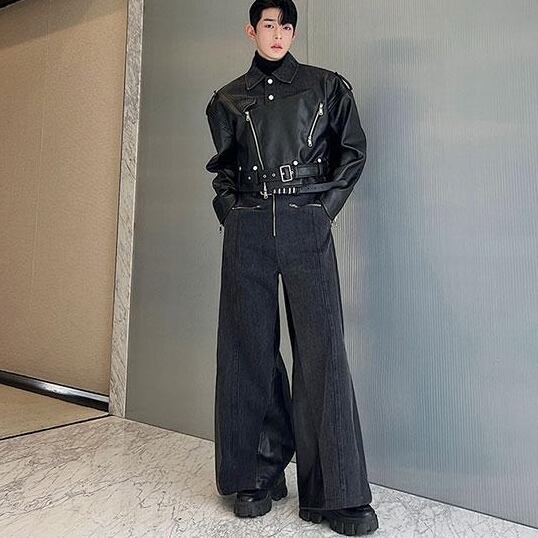 予約販売】メンズ セットアップ 上下 長袖 デニム 異素材 レザー