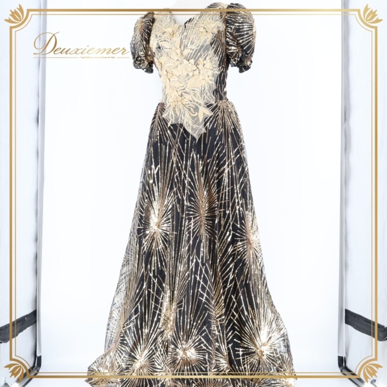 パーティドレス ワンピース ドレス ブラック系 ゴールド系 黒 金 スパンコール 演奏会 発表会 パーティ カラオケ スパンコールデザイン エレガント ステージ衣装 フォーマルイベント