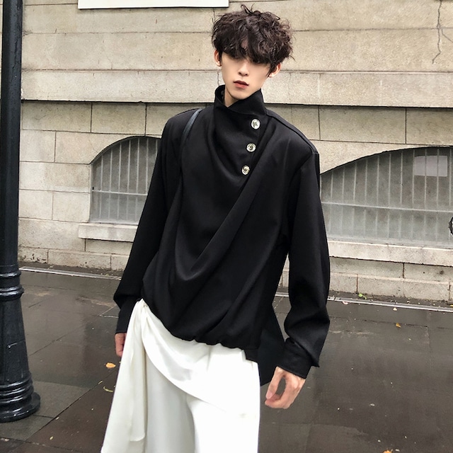 ♥非対称ボタン×パッド付き！【HANYARTGRNシリーズ】★チャイナ風トップス★ 2color ユニセックス シャツ 長袖シャツ